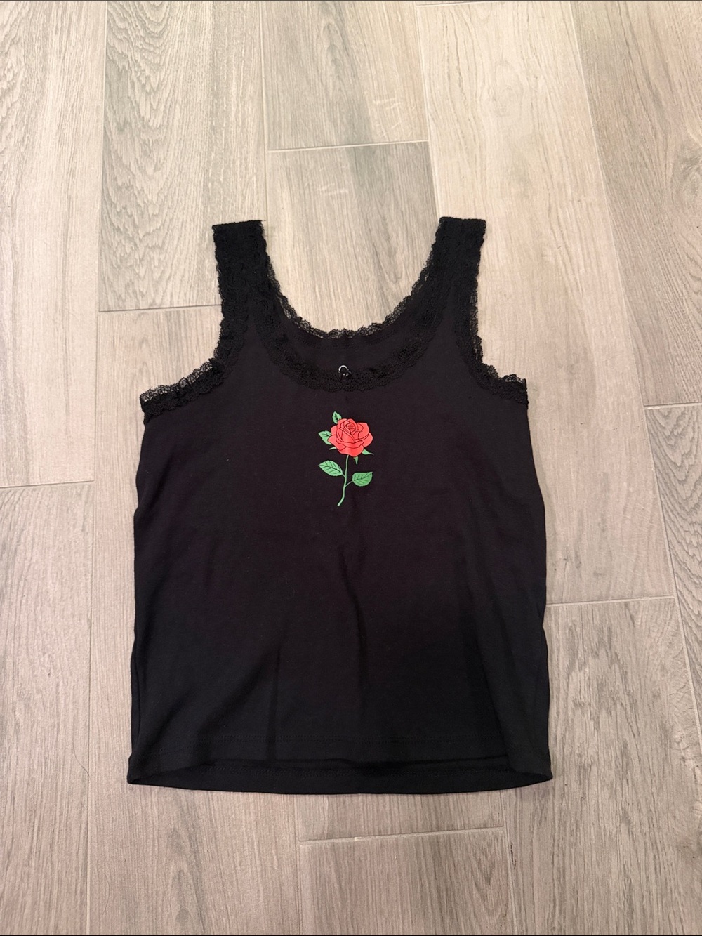 Organic Generation Women’s Black Lace-Trim Tank Top with Red Rose Size S